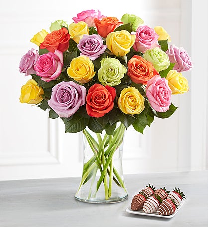 Deliciously Decadent™ Assorted Roses & Drizzled Strawberries