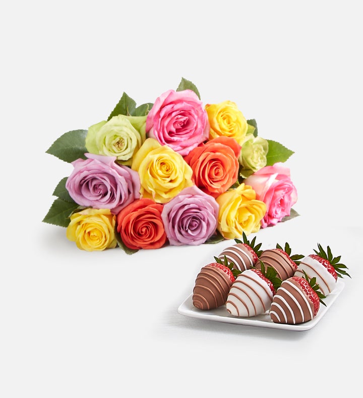 Assorted Roses Bouquet Only & ct Gourmet Drizzled Strawberries