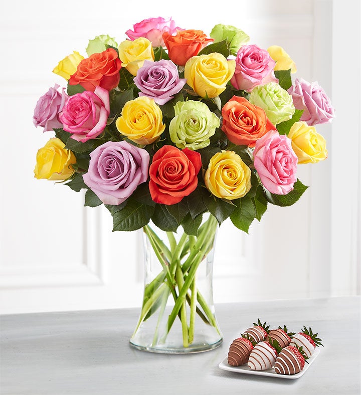 Deliciously Decadent™ Assorted Roses & Drizzled Strawberries